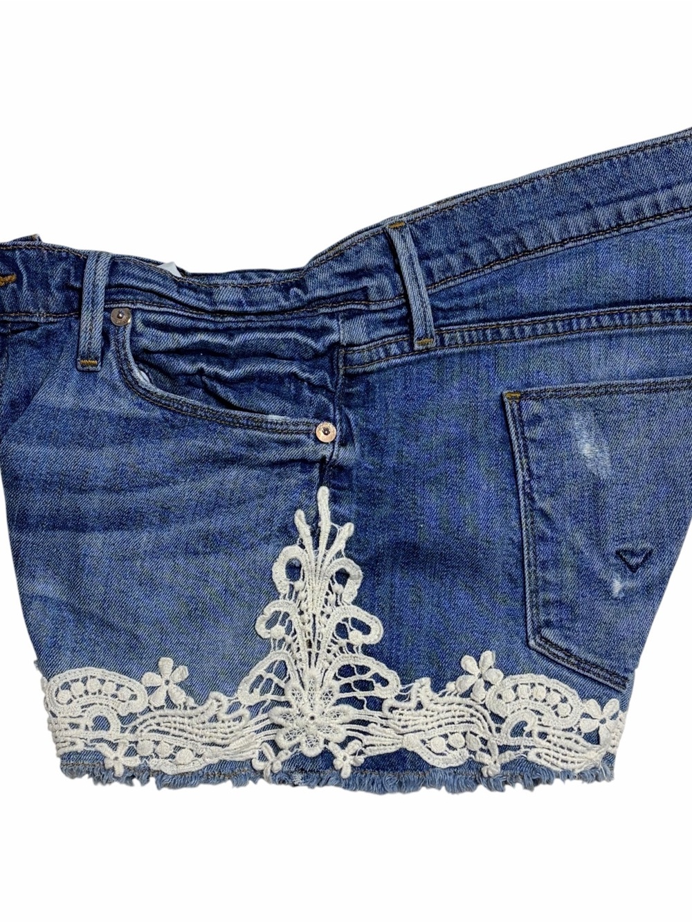 new Amber Fray Raw Edge Hem Denim Shorts with Lace Applique - Picture 12 of 16